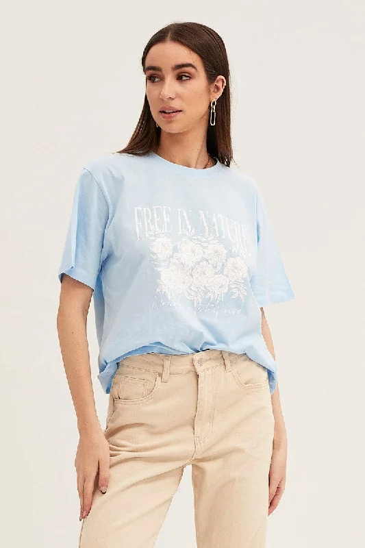 Blue Crew Neck Oversized Graphic T-Shirt