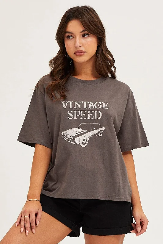 Grey Crew Neck Graphic T-Shirt