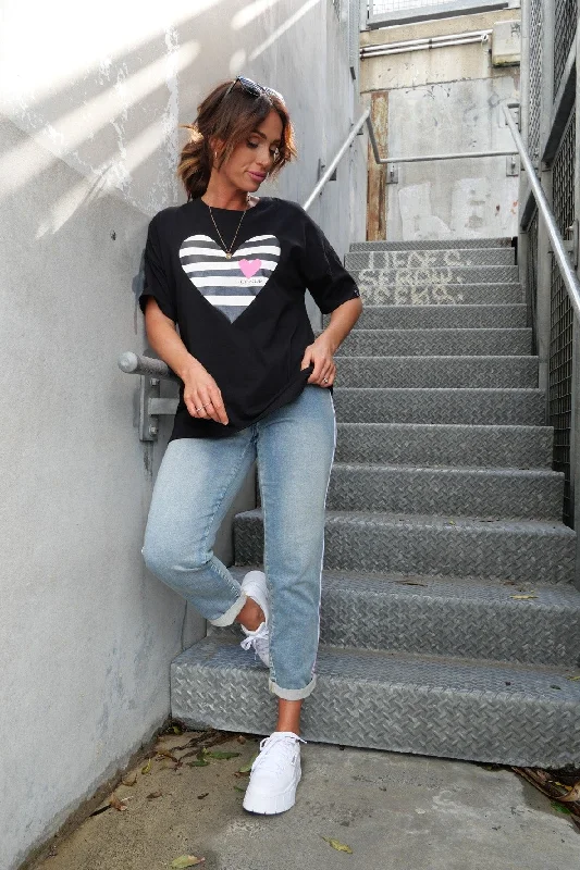 Rebel Club by Shine On Stripe Heart Boyfriend Tee Black Preorder Late November