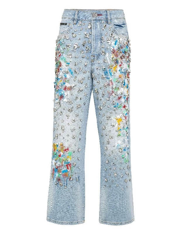 Denim Trousers High Rise Fit Crystal