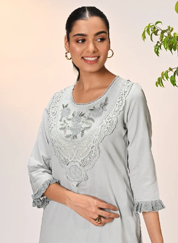 Amara Blue Mist Embroidered Cotton Kurta Set for Women