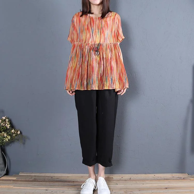 Natural wrinkled o neck cotton clothes For Women Inspiration orange print tops summer