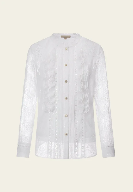 Ruffle-trim Sequin-detail Embellished-button Lace Shirt