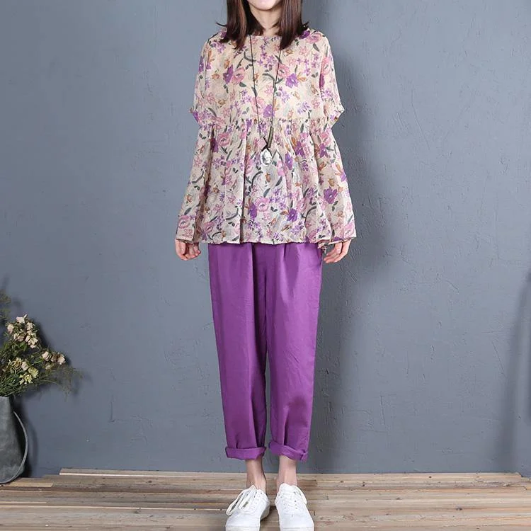 Unique purple print cotton clothes For Women wrinkled o neck Vestidos De Lino summer blouses