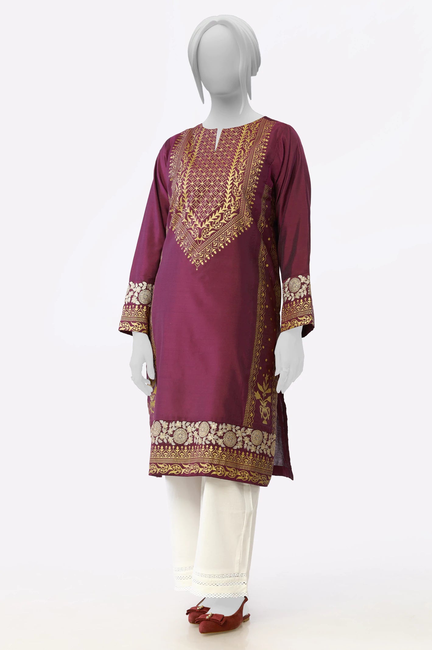 Magenta Embroidered Printed Kurti