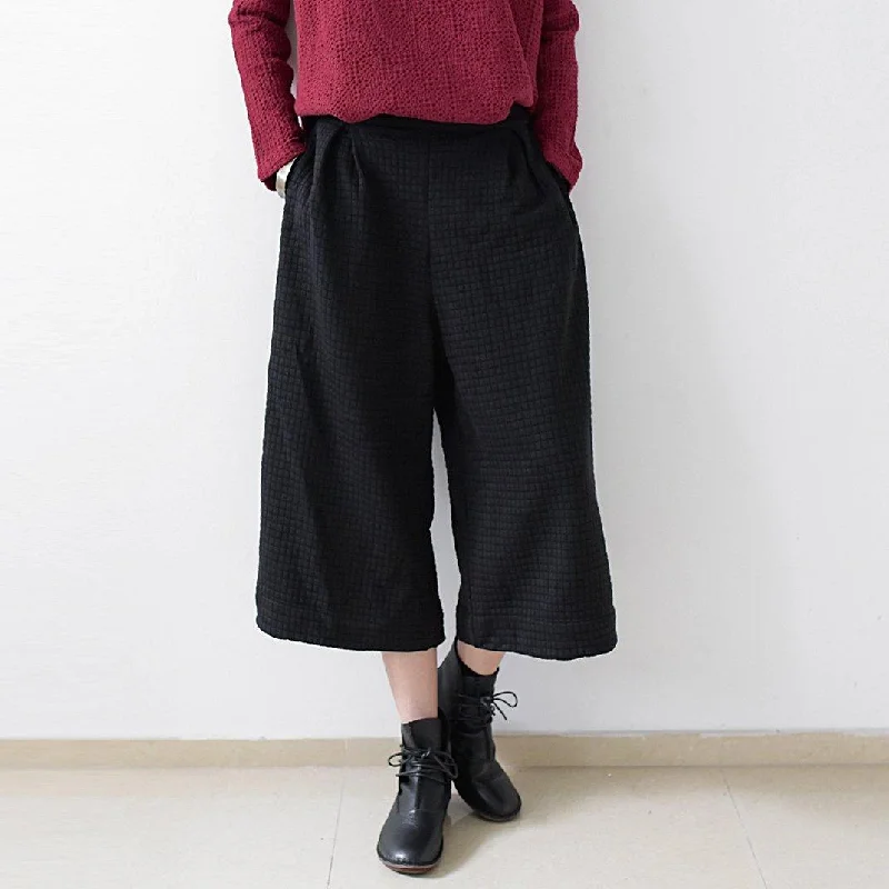 black elastic waist cotton wide leg pants plus size casual crop pants