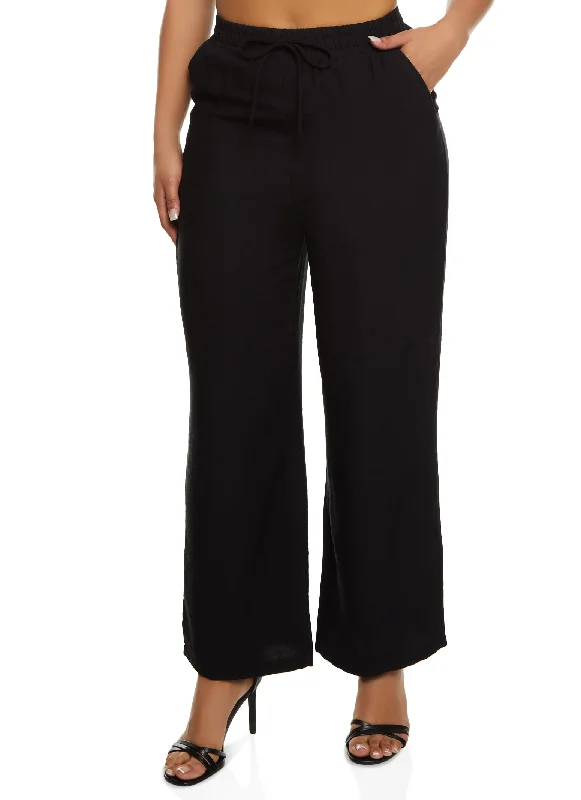 Haute Monde Linen Faux Drawstring Wide Leg Pants