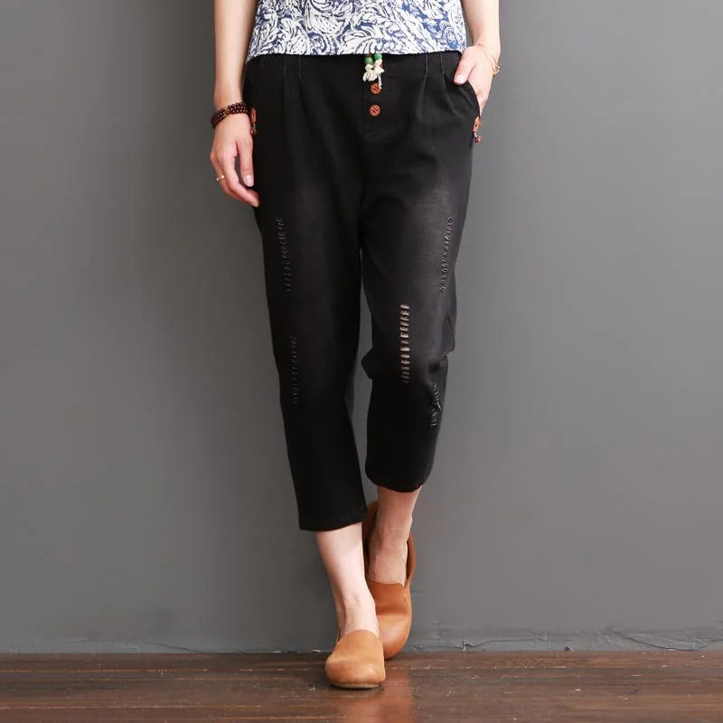 Black ripped pants for summer women crop trousers