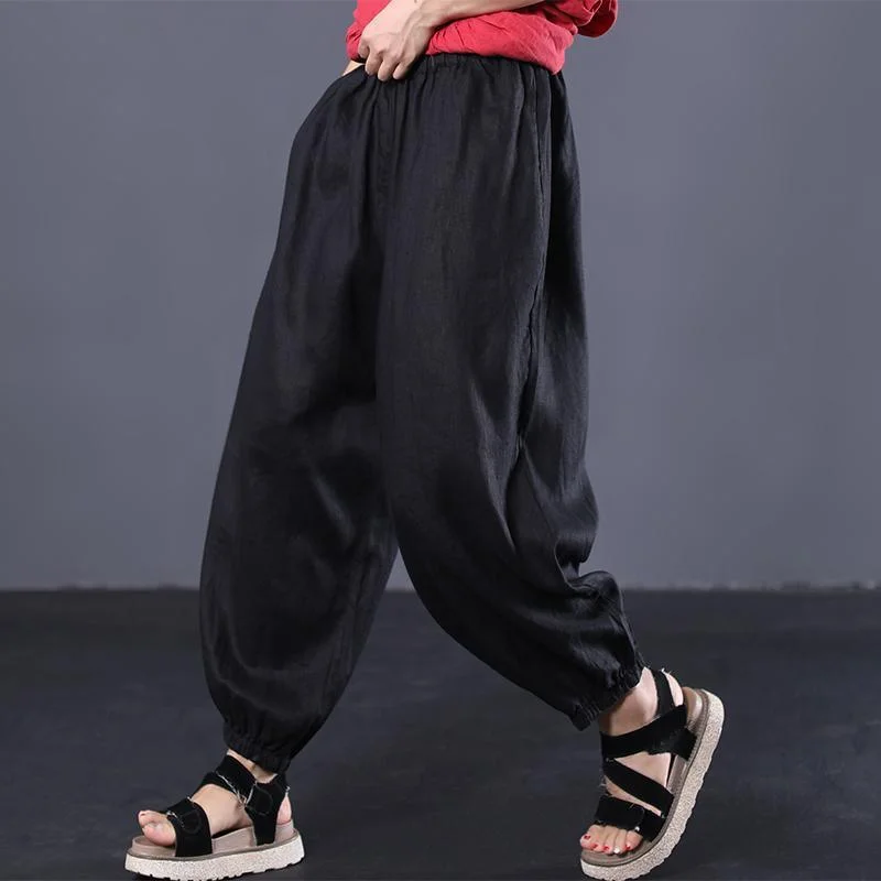 black summer linen wide leg pants loose elastic waist women pants