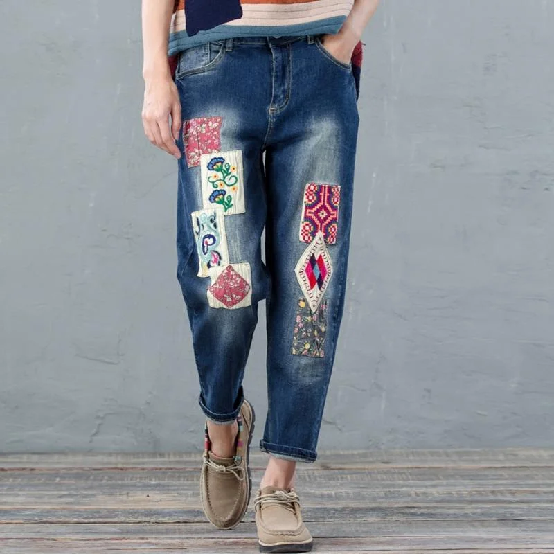 Blue embroidered denim pants stylish weekend women trousers