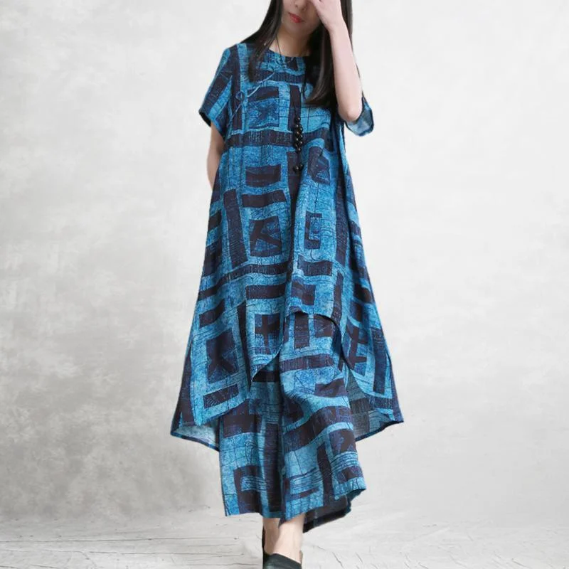 Blue printed silk linen suit female large size irregular long shirt casual wide leg pants summer new