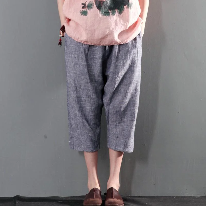 blue unique linen pants summer palazzo pants crop pants