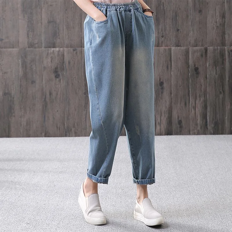 Blue Women cotton Loose Washed Denim Casual Pants