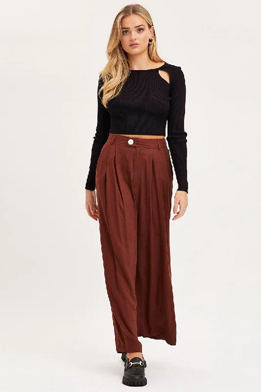 Brown Wide Leg Pants High Rise