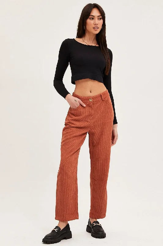 Brown Wide Leg Pants Mid Rise Corduroy