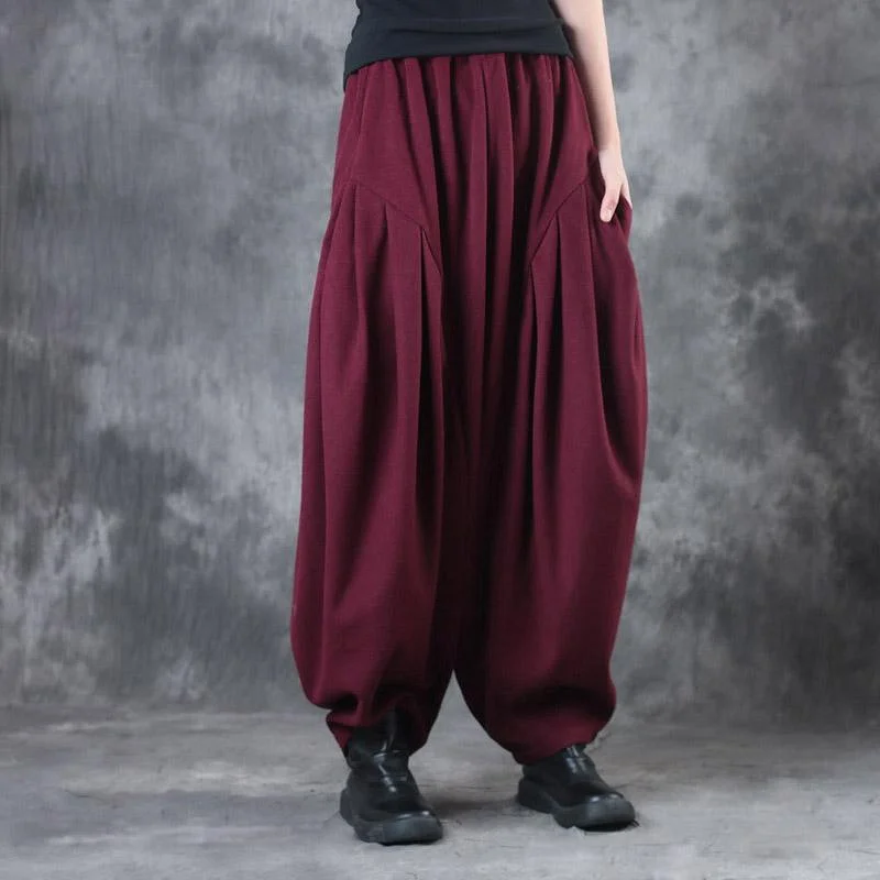 burgundy casual cotton crop pants plus size elastic waist wide leg pants