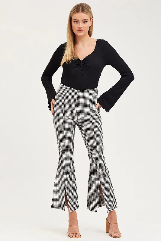 Check Flare Pants High Rise Front Split