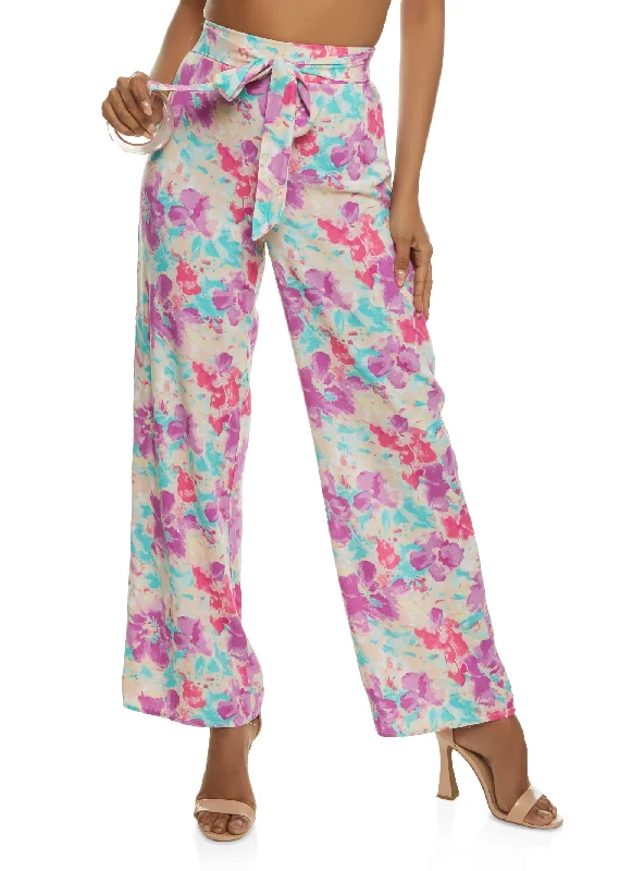 Printed Tie Front Wide Leg Pants