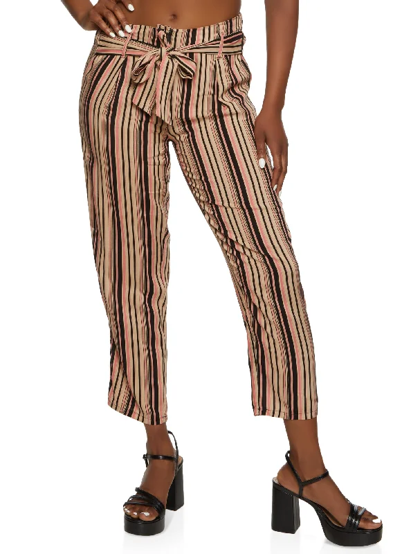 Striped Tie Front Waist Ankle Pants