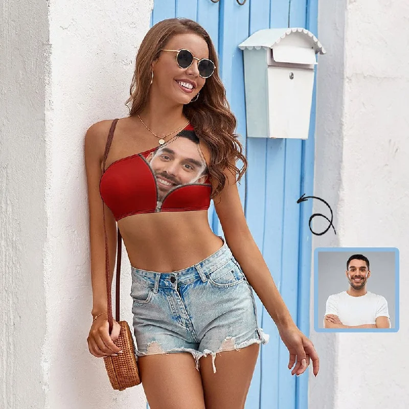 Personalized Husband Face Tank Top Zipper Women's One-shoulder Crop Top Summer Beach Vest