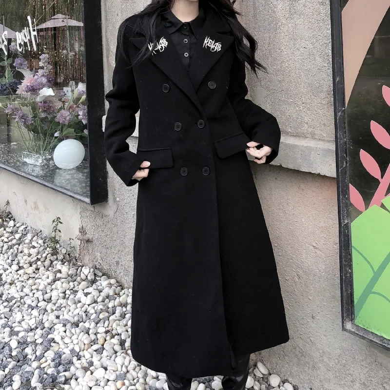 Women's Punk Turn-down Collar Double-breasted Long Coat