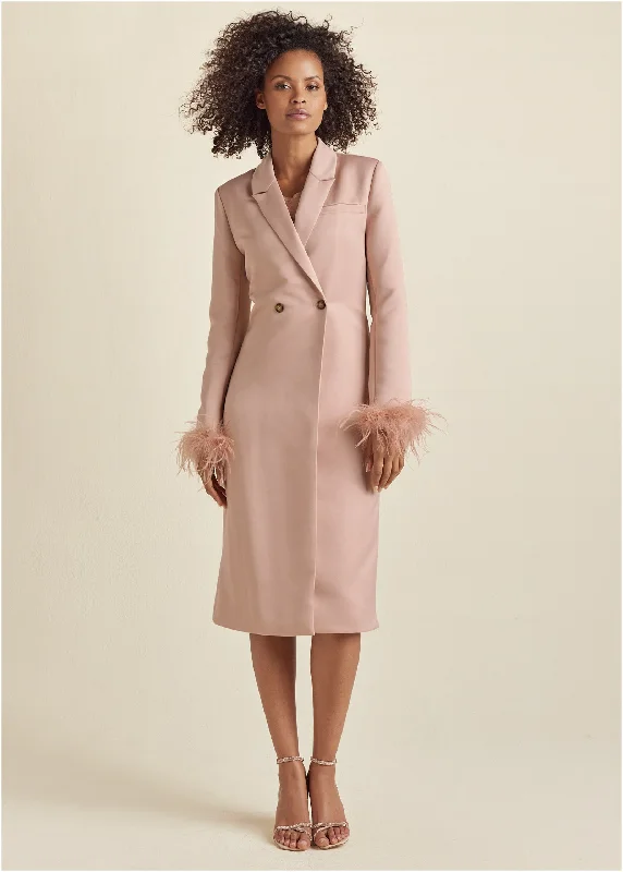 Feather Cuff Tuxedo Coat - Peach