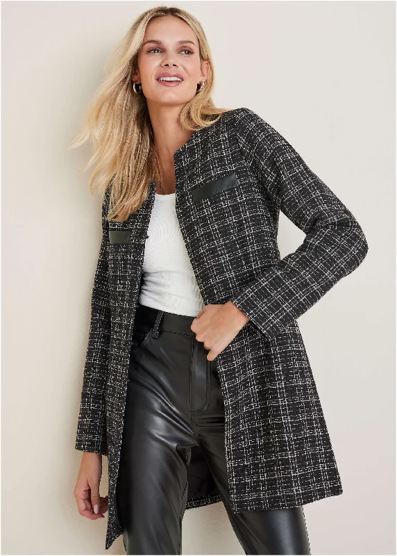 Tweed And Faux-Leather Coat - Black & White