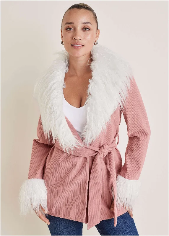 Corduroy Fur Trim Coat - Pink