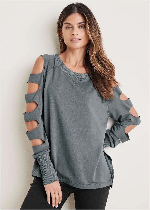 Cutout Sleeve Sweatshirt - Seafog