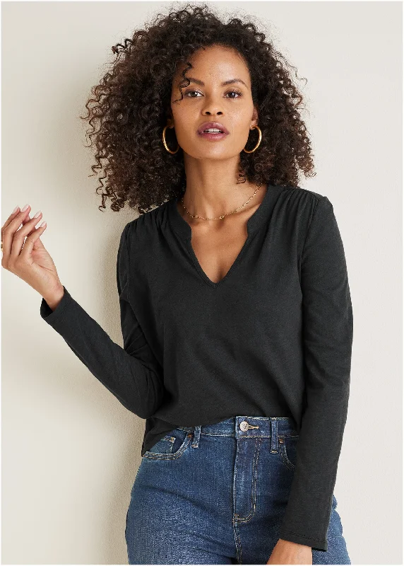 V-Neck Shirred Long Sleeve Top - Black