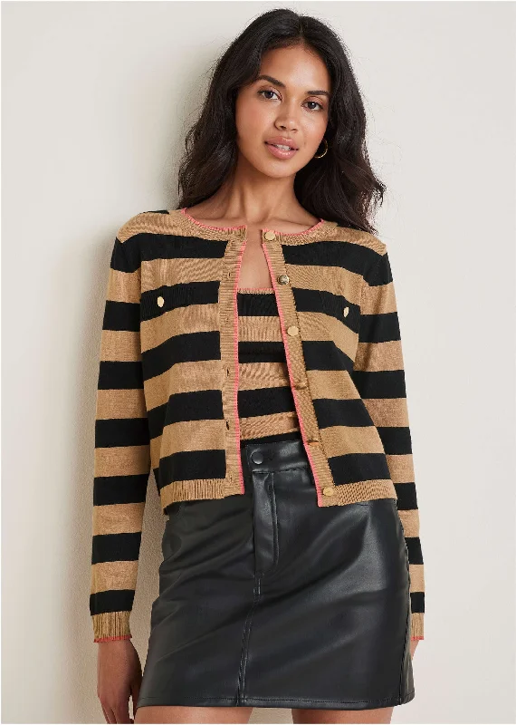 Stripe Cardigan Set - Black & Tan