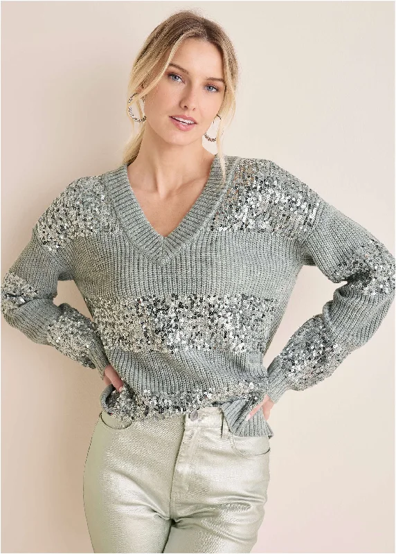 Sequin V-Neck Sweater  - Light Heather Grey