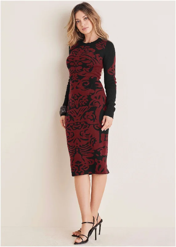 Printed Midi Sweater Dress - Black & Wine