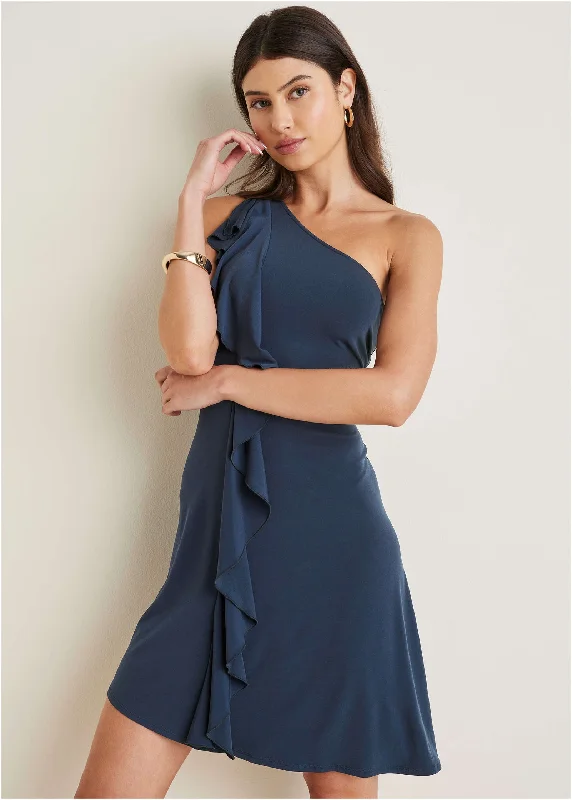 One-Shoulder Ruffle Detail Dress - Navy