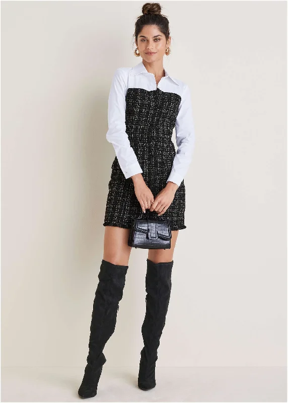 Tweed Button Down Dress - Black & Gold Combo