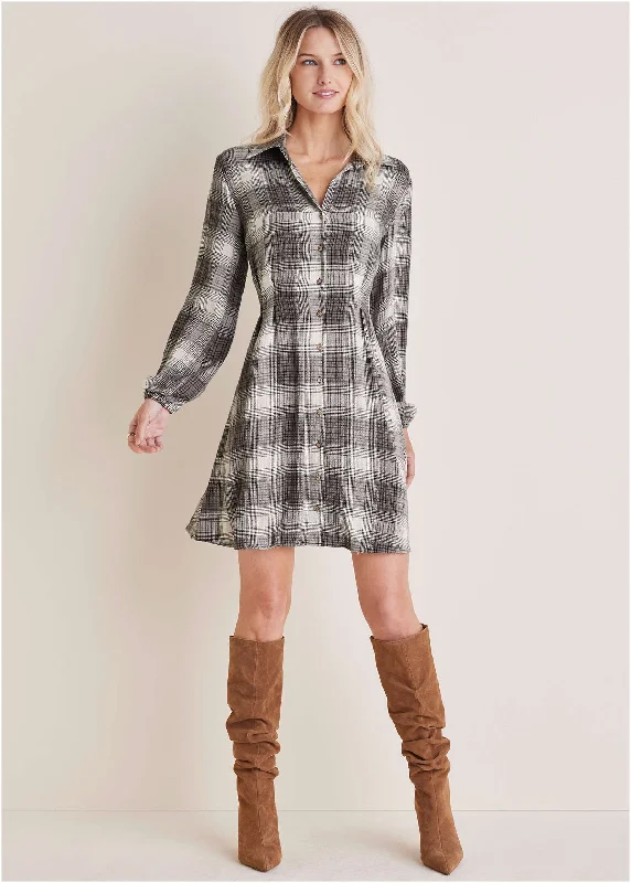 Brushed Plaid Dress  - White & Black