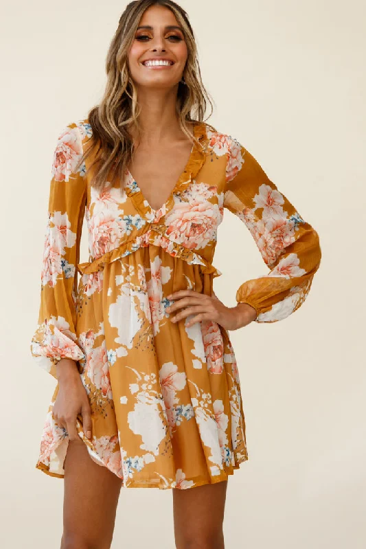 Cutie Pie Long Sleeve Babydoll Dress Rose Print Mustard