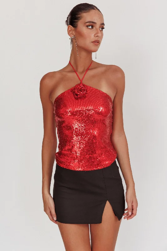 Darcy Sequin Halter Top Red