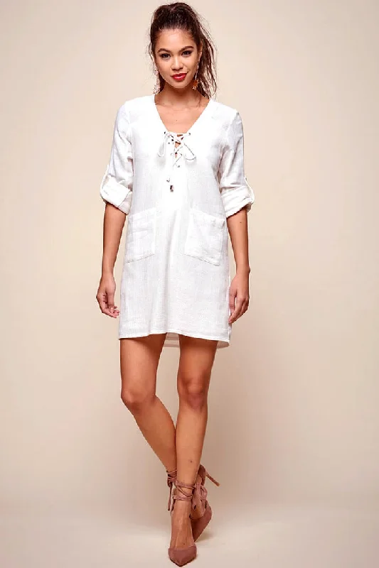 Katie Lace-Up Front Casual Dress White