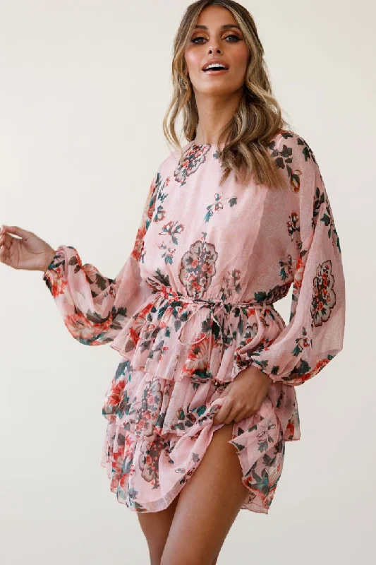 Odessa Long Sleeve Layered Ruffle Dress Floral Print Pink