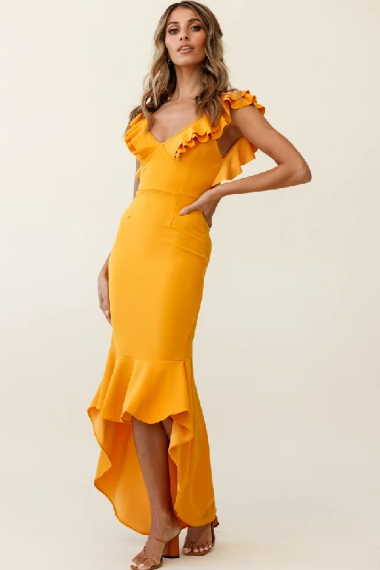 Pearl Ruffle Strap High-Low Hem Dress Mustard