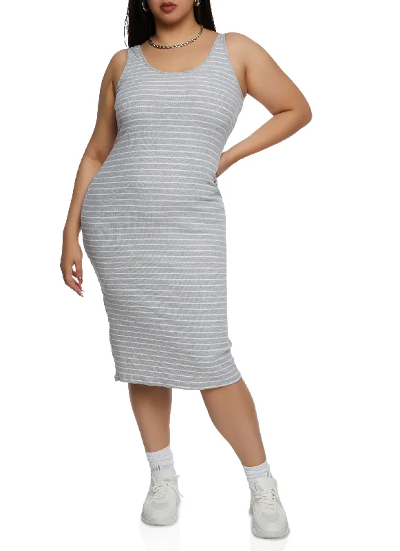 Plus Size Rib Knit Striped Midi Tank Dress