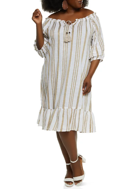 Plus Size Striped Tie Front Off the Shoulder Midi Dress