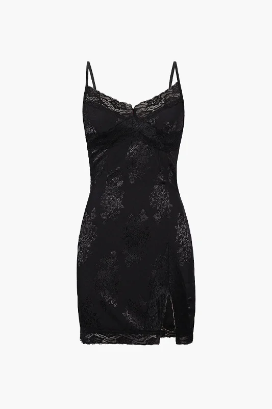 Jacquard Satin Lace Split Mini Dress