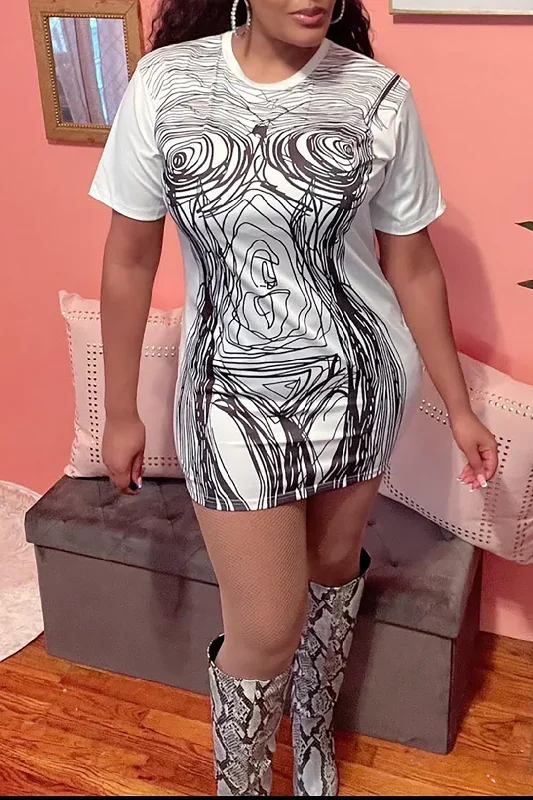 Abstract Line Print Short Sleeve Mini Dress