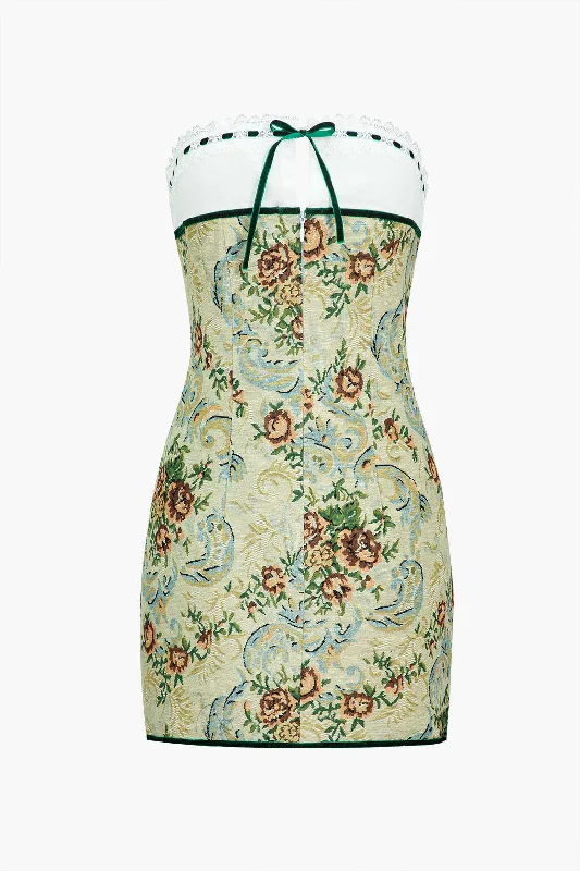 Retro Floral Print Jacquard Strapless Mini Dress