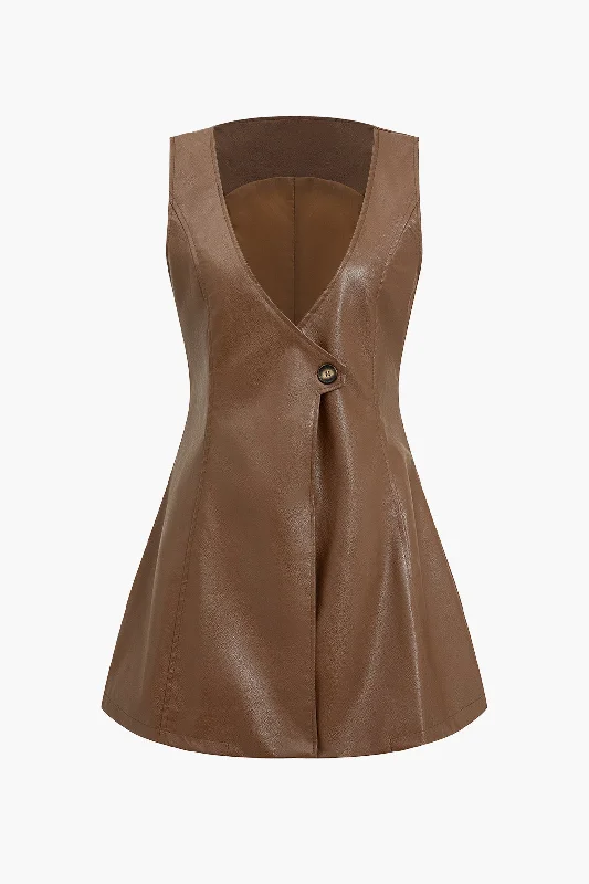 Faux Leather Sleeveless Asymmetrical V-Neck Mini Dress