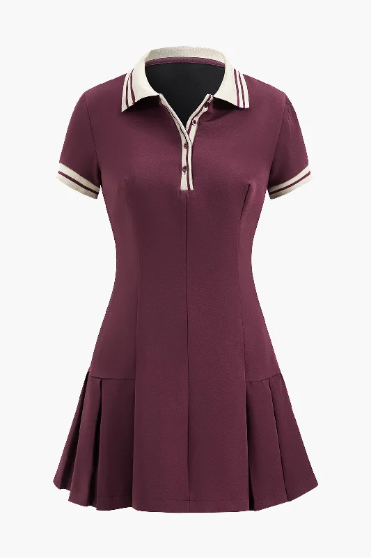 Pleated Button Short Sleeve Mini Dress