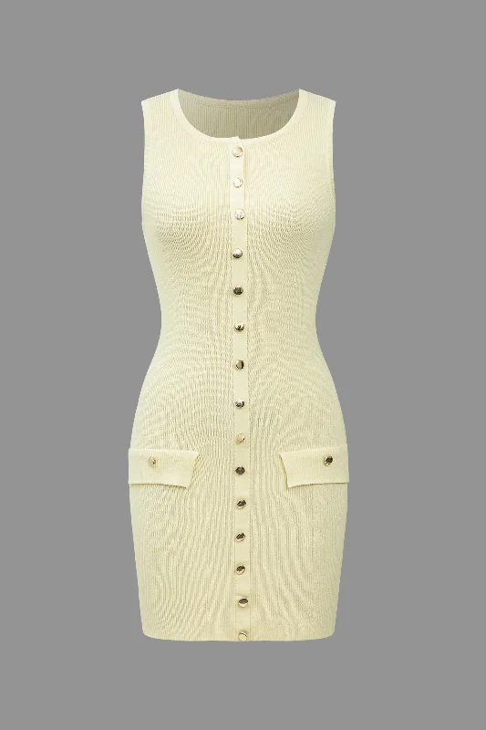 Button Front Sleeveless Ribbed Knit Mini Dress