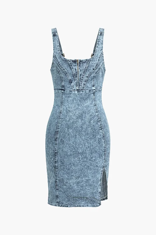 Denim Slit Zipper Tank Mini Dress